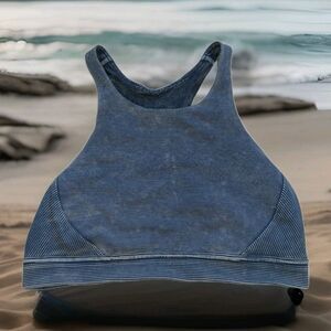 Lululemon Logo Train Sports Bra Denim Blue & White Striped Strappy Back Size 10